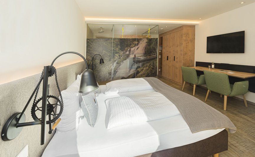 Modernes Hotelzimmer mit Doppelbett, Fernseher und Naturbild an der Glasdusche