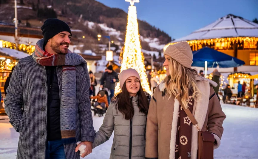 Advent season in "Kirchheim" 3 nights Family walking at winter market with illuminated Christmas tree