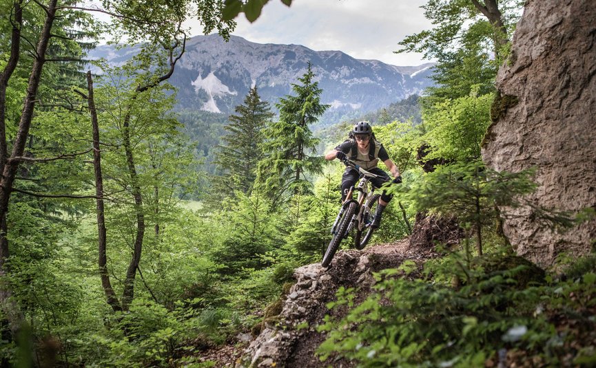 Mountain biker riding on rocky forest trail with mountains in background