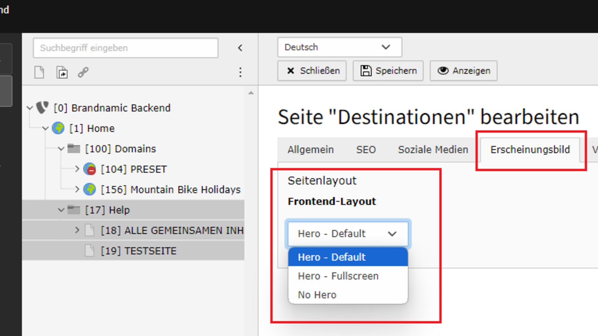 Hero/Vista Backend-Seite zur Bearbeitung des Frontend-Layouts mit Optionen für Hero-Design