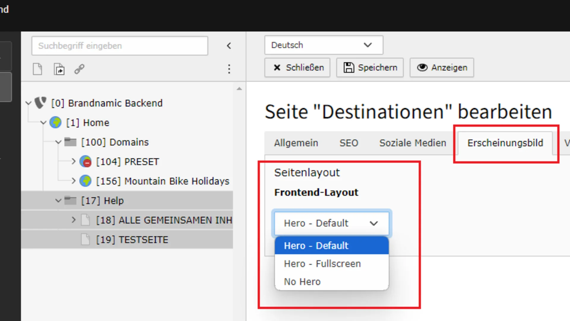 Backend-Seite zur Bearbeitung des Frontend-Layouts mit Optionen für Hero-Design