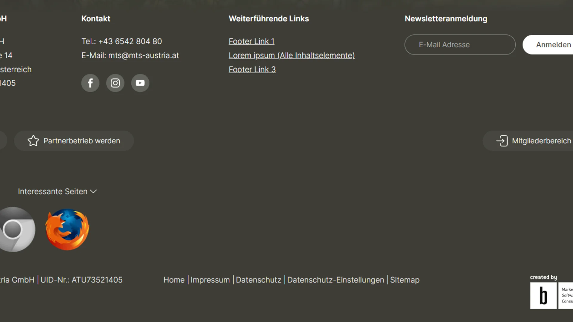 Footer mit Kontaktinformationen, Social-Media-Icons und Partnerlogos von MTS Austria GmbH
