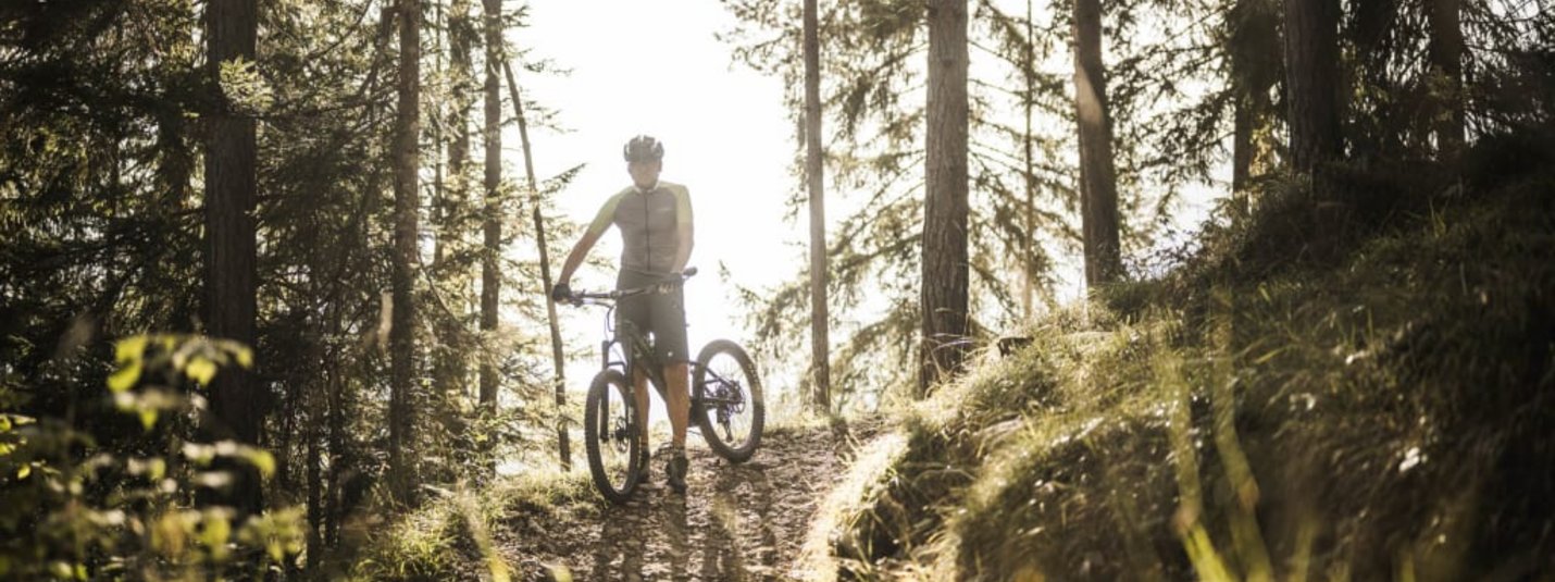 Mountainbiker op bospaadje in zonlicht