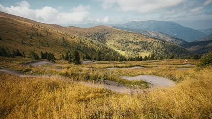 Gebirgiger Landschaft mit geschwungenem Weg und gelbem Gras