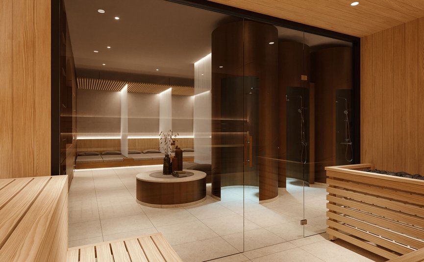Modern spa with sauna and relaxing seating area
