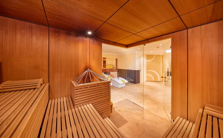 Interior of a sauna with wooden benches and glass door leading to relaxation area