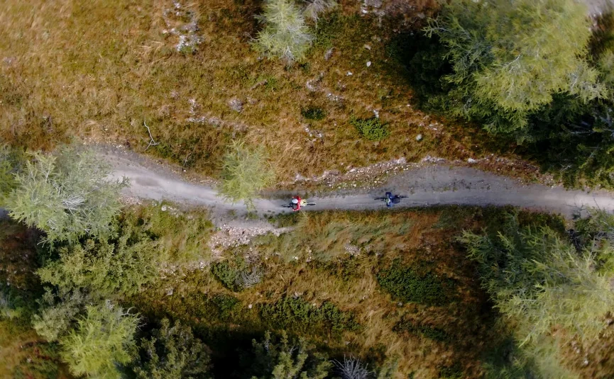 Two cyclists on a forest trail viewed from above
