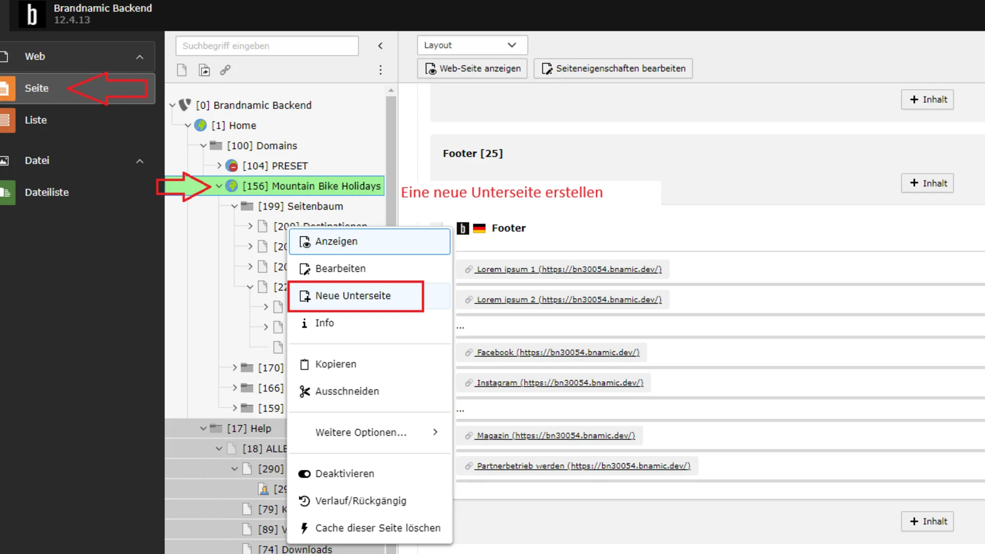 Backend-Interface zeigt Auswahlmenü für neue Unterseite Mountain Bike Holidays