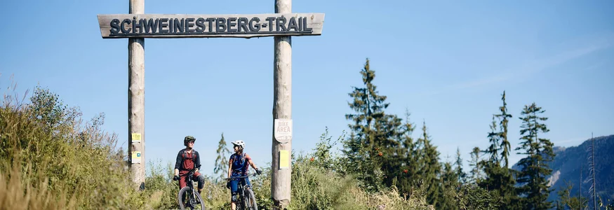 Zwei Mountainbiker unter dem Schild Schweinestberg-Trail auf einem Waldweg