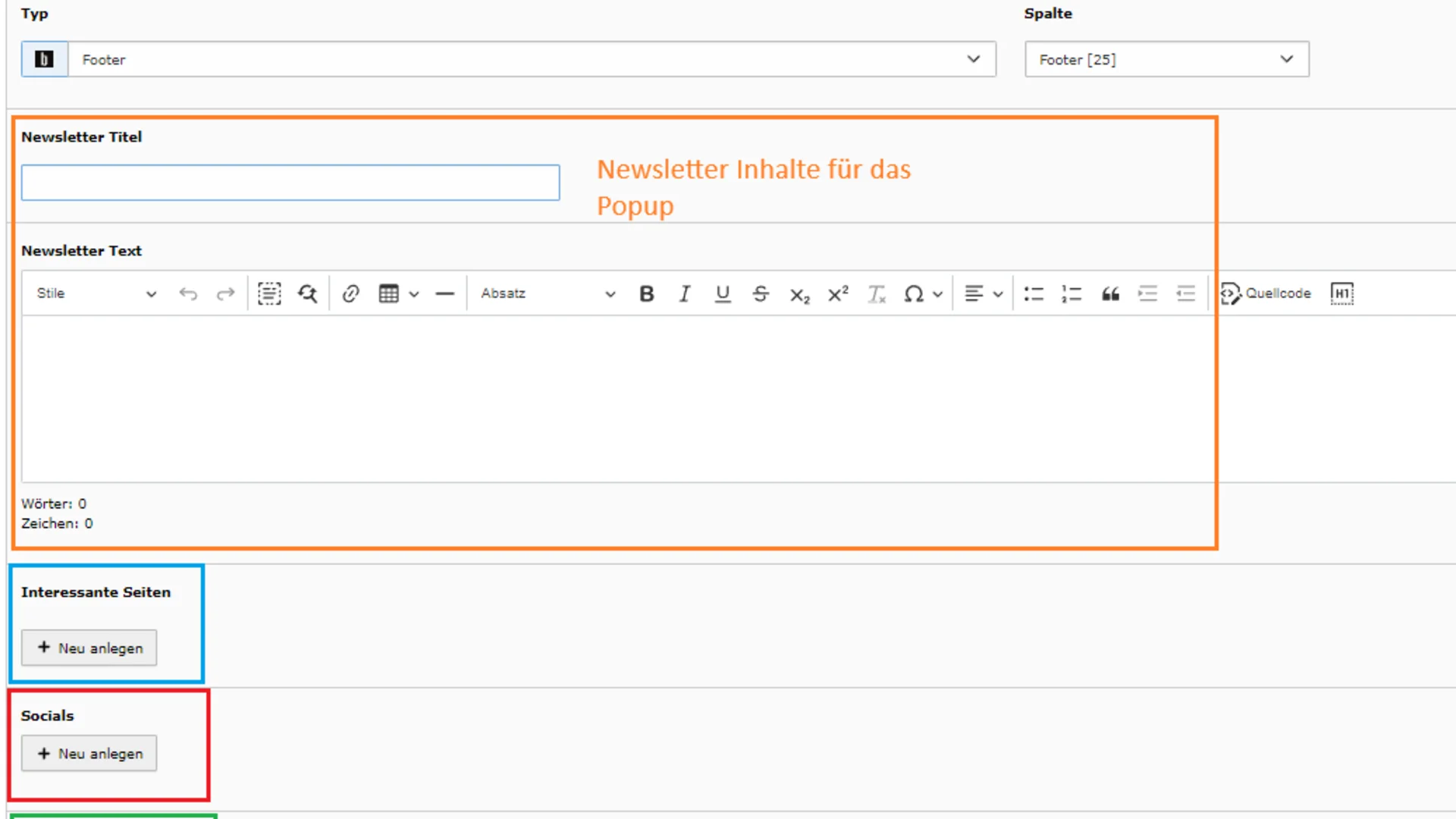 Webseiten-Editor mit Einstellungen zu Footer und Newsletter-Inhalten