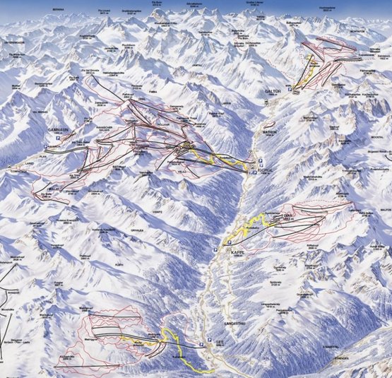 Kaart van skipistes en bergtoppen in het skigebied Ischgl