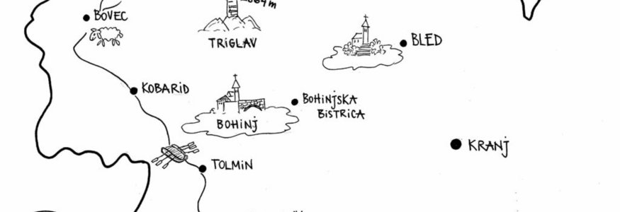 Handgezeichnete Karte von Nordwest-Slowenien mit Städten und Bergen.