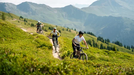Drei Mountainbiker fahren auf einem Bergpfad in der Natur