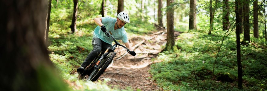 Mountainbiker fährt durch einen bewaldeten Wanderweg