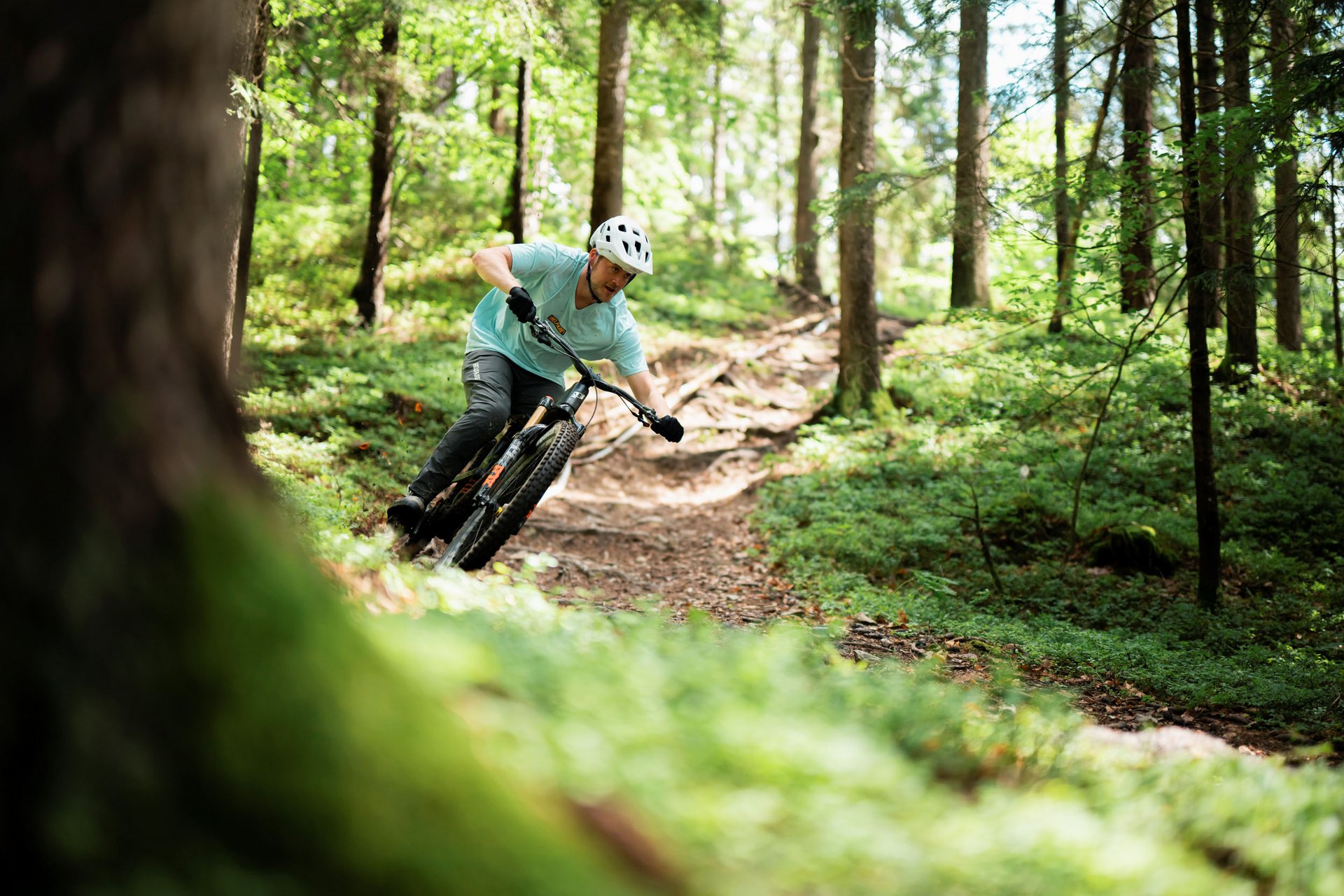 Mountainbiker fährt durch einen bewaldeten Wanderweg