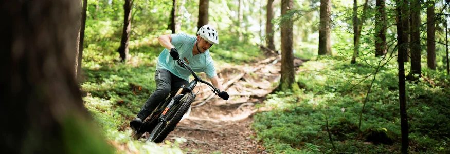 Mountainbike-Urlaub in Slowenien © Slovenia Tourist Board - Rupert Fowler Mountainbiker fährt durch einen bewaldeten Wanderweg