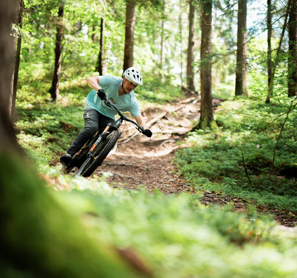 Mountainbiker fährt durch einen bewaldeten Wanderweg