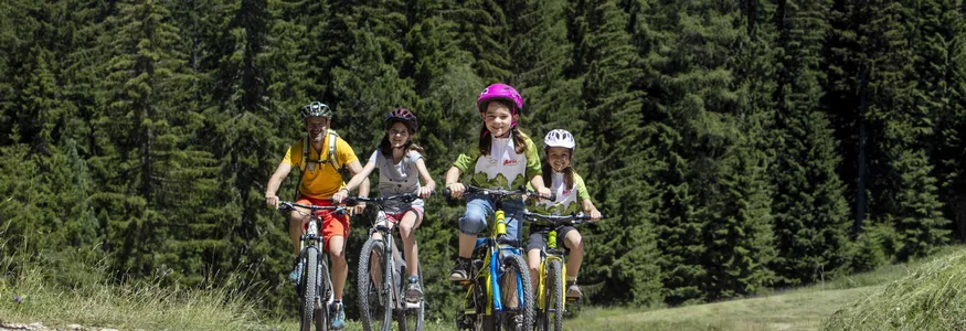 BEST OF Familien-Bikeurlaub © Exploring GmbH Familie fährt Mountainbikes auf Waldweg vor Bergkulisse