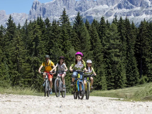 Family mountain biking on forest trail with mountains in background