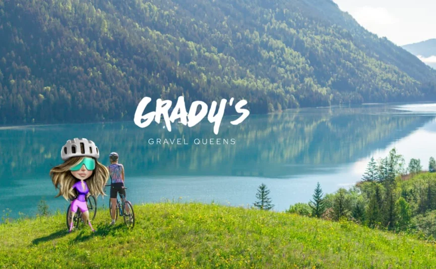 Gradys Gravel Queens Event 2027 Fietsers bij meer met bergen en Grady's Gravel Queens logo