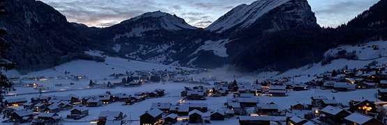 Snow-covered village at night in a mountain valley