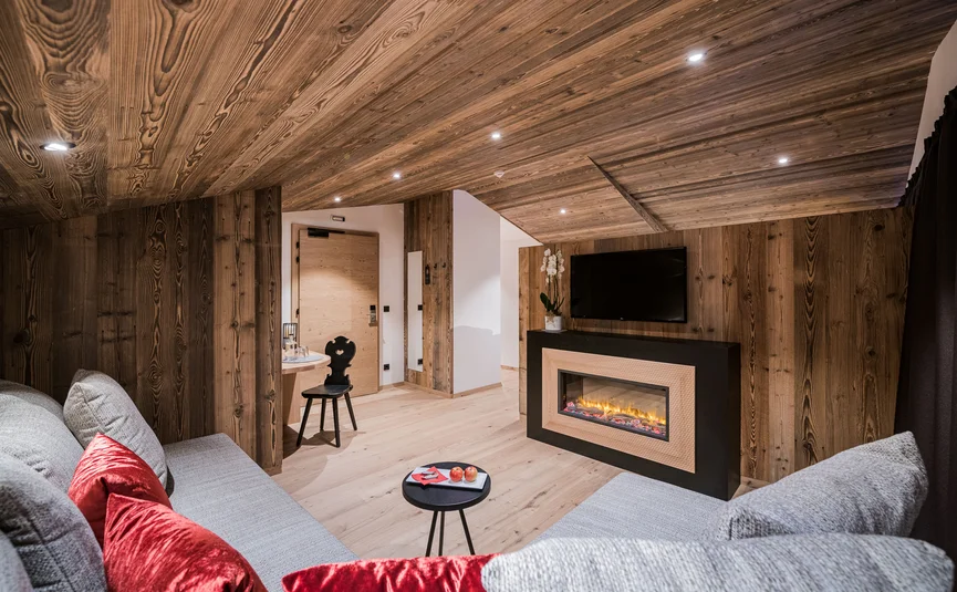 Gezellige woonkamer met open haard, houten wandbekleding en grijze bank met rode kussens