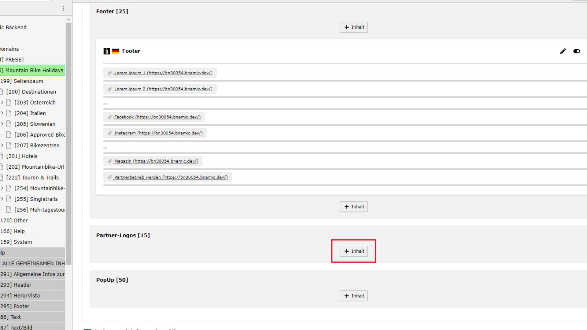 Footer Screenshot der Benutzeroberfläche mit hervorgehobener Schaltfläche Inhalt hinzufügen