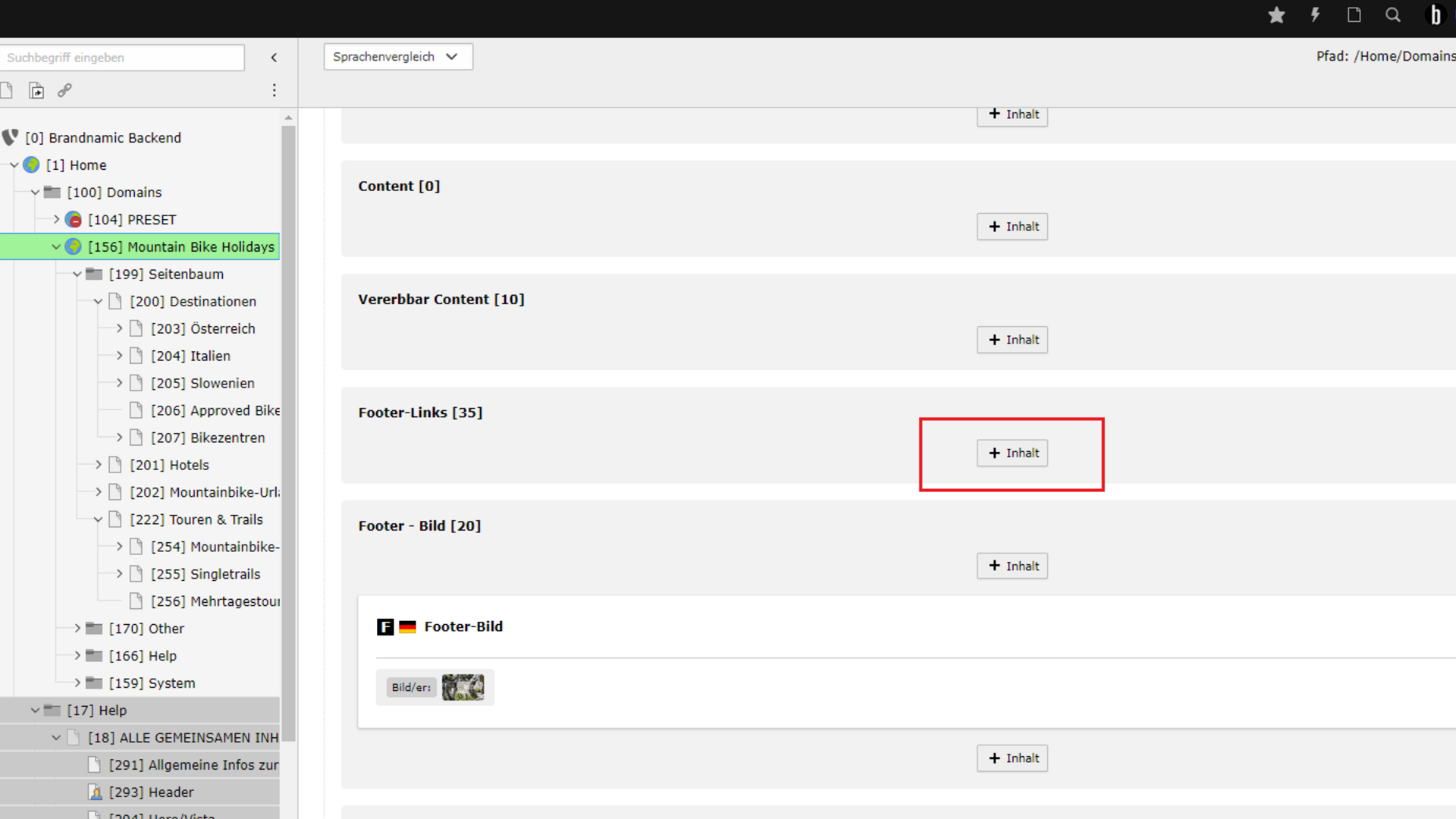 Footer Brandnamic Backend mit Menü für Mountain Bike Holidays Seite