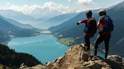 Zwei Wanderer mit Rucksäcken auf Felsen über blauem Bergsee