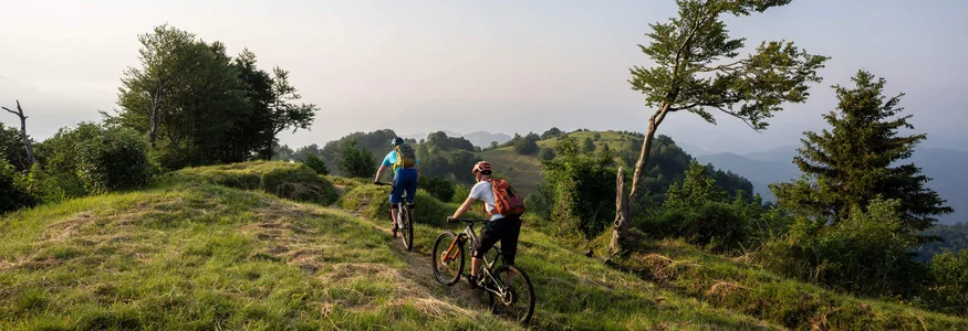 Twee mountainbikers fietsen op een pad door een groene heuvelachtige omgeving.