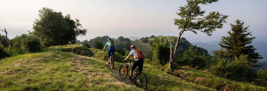 Two mountain bikers cycling on a trail in a green hilly landscape.
