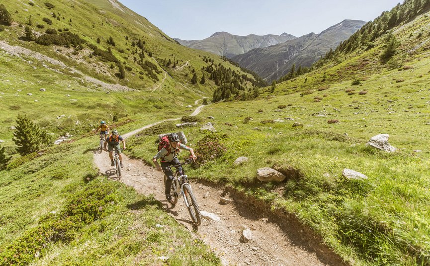 Drie mountainbikers fietsen op smal pad door groen berglandschap