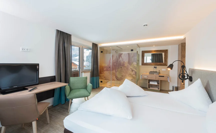 Modernes Hotelzimmer mit Doppelbett, TV, Stühlen und Glasdusche