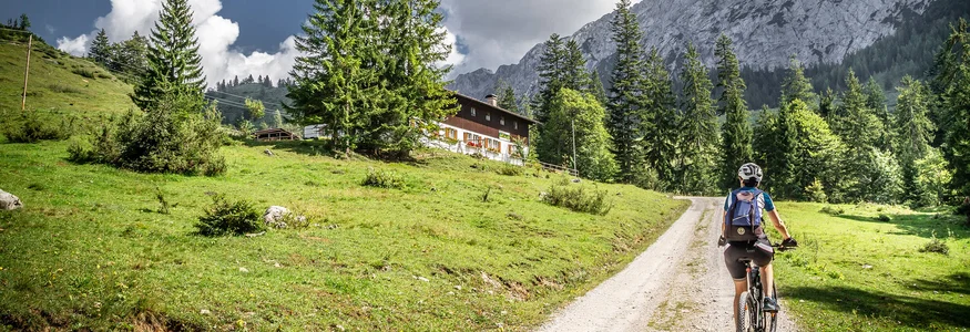 7 gute Gründe für deinen Mountainbikeurlaub im Zillertal
© Greenstorm Fahrradfahrer auf Bergweg mit Haus, Tannen und Bergen im Hintergrund