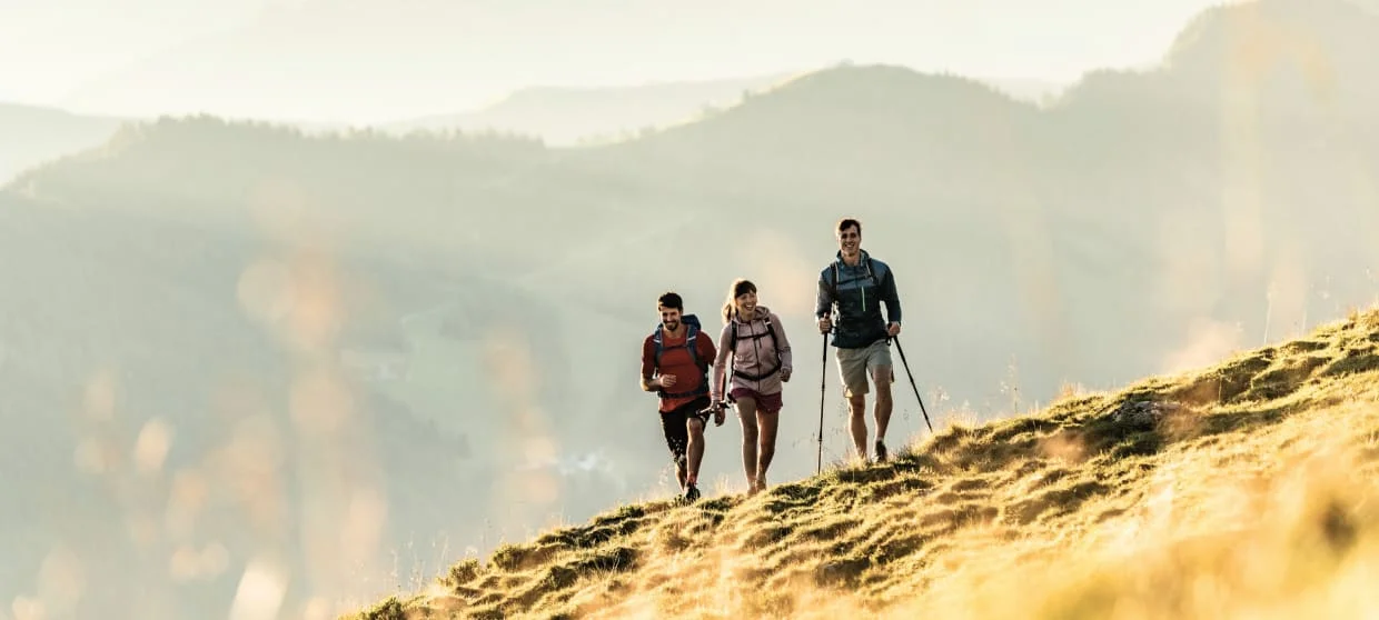 Drei wandernde Personen auf einem bergigen Pfad bei Sonnenlicht
