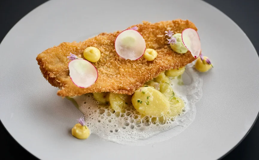 HIRBEN Naturlaub **** © David Rasche Crispy breaded schnitzel with potato salad and radish slices on white plate