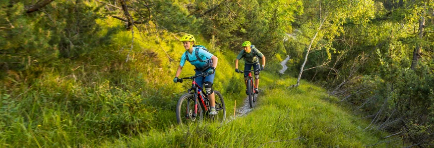 Two bikers cycling on a narrow trail in a green mountainous area