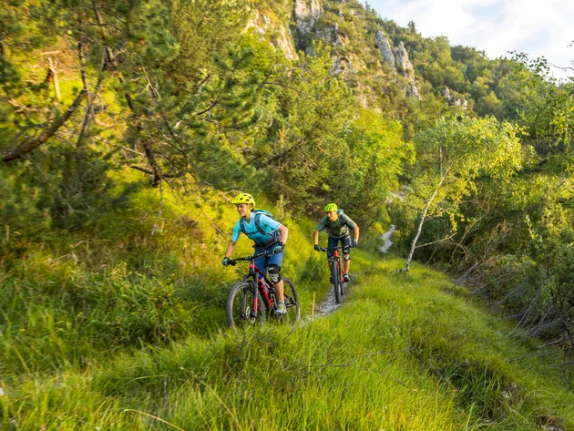 Zwei Radfahrer fahren auf einem schmalen Pfad durch eine grüne, bergige Landschaft