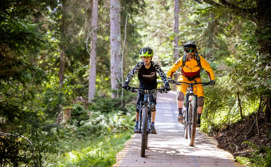 Twee mountainbikers fietsen over een houten brug in het bos