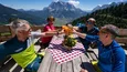 Vier Personen stoßen mit Getränken auf Bergterrasse mit Alpenpanorama an