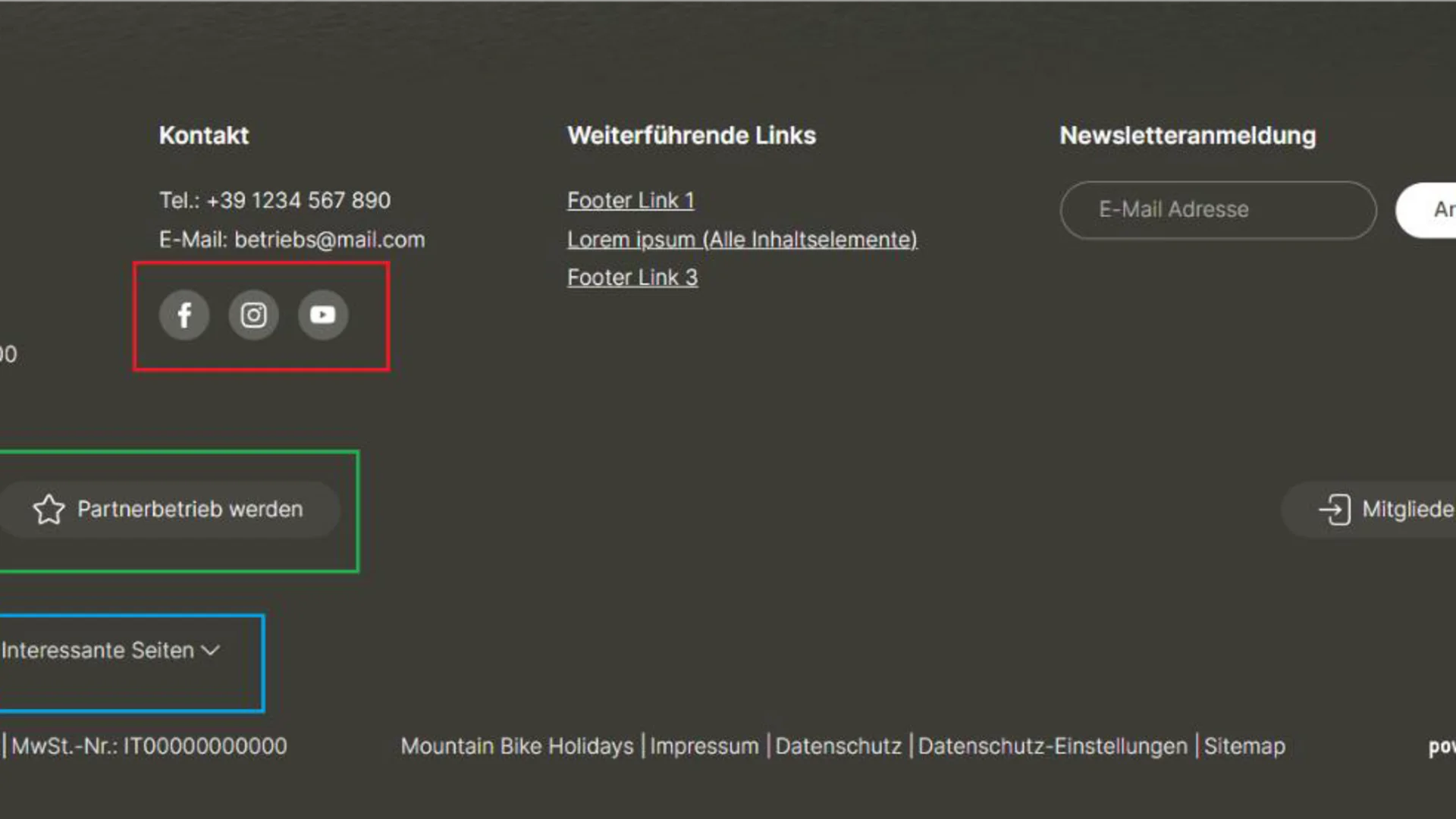 Website-Footer mit Kontakt, Social Media Icons und Newsletter-Anmeldung