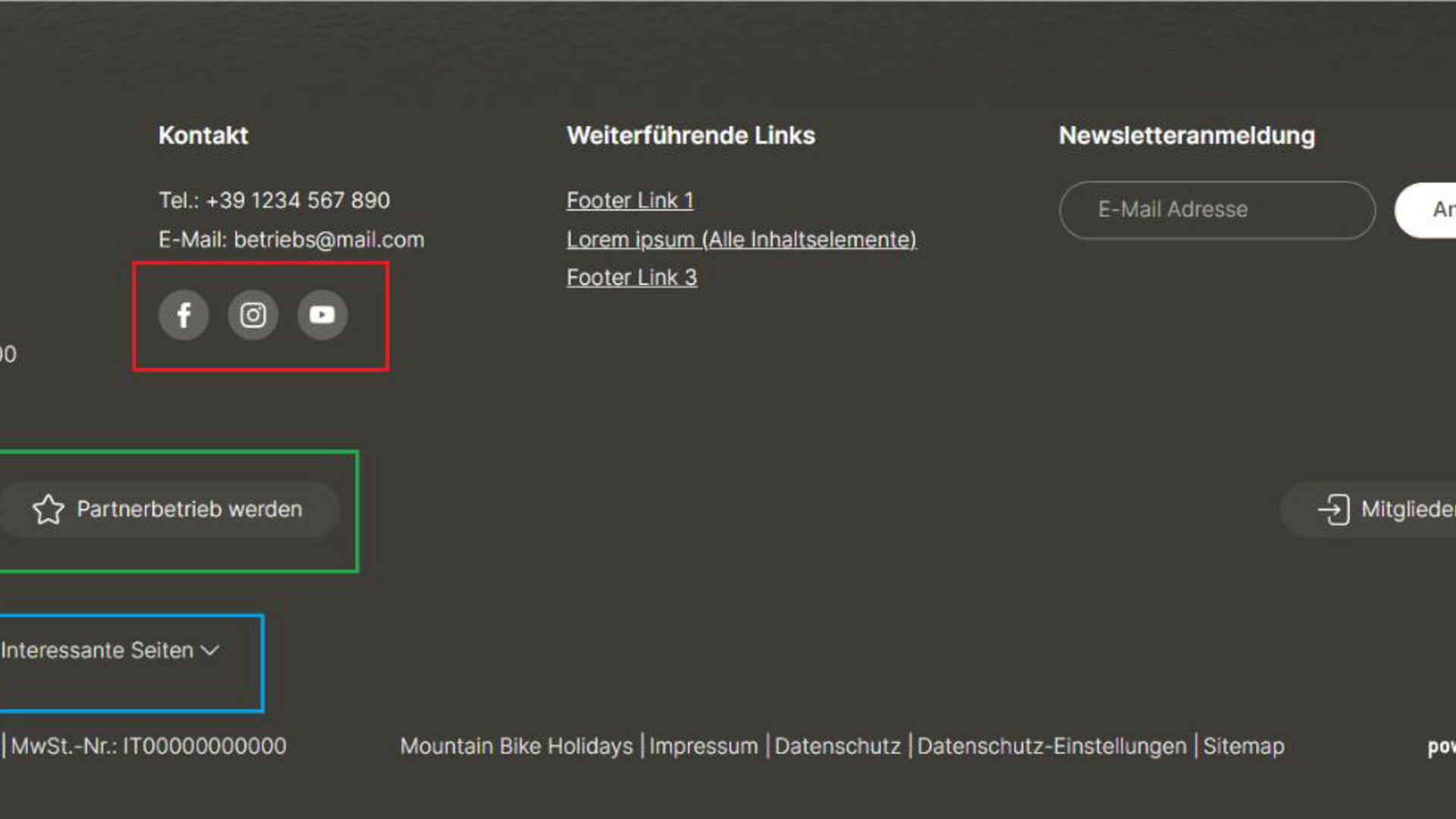 Footer Website-Footer mit Kontakt, Social Media Icons und Newsletter-Anmeldung