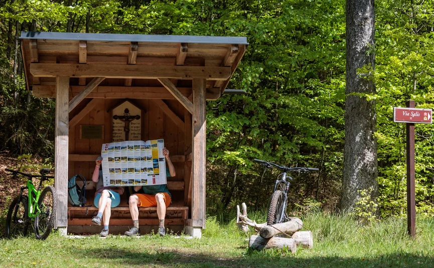 Paar liest Wanderkarte in Holzunterstand neben Fahrrädern im Wald