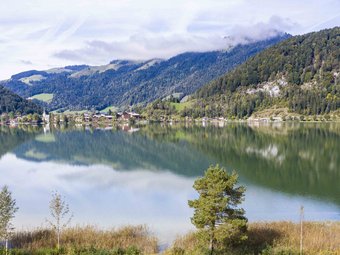 Bergsee mit Spiegelung von Wäldern und Bergen unter bewölktem Himmel