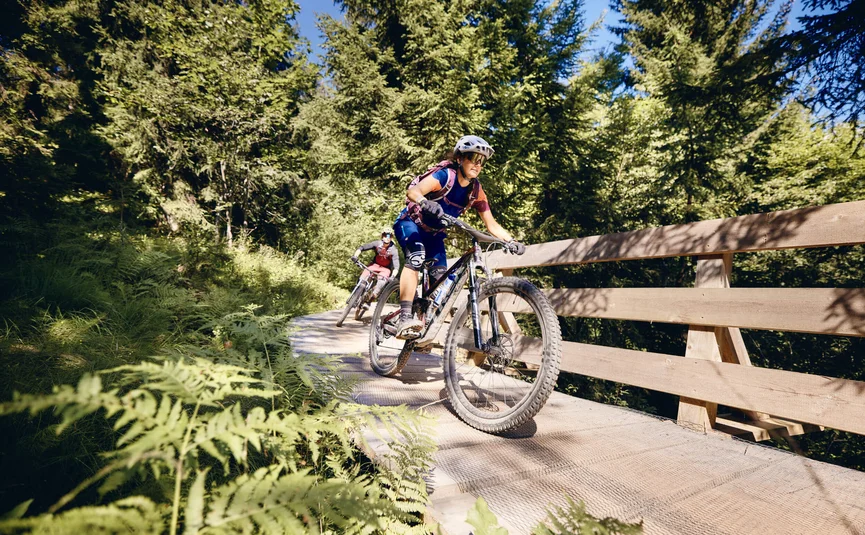 Zwei Mountainbiker fahren über eine Brücke im Wald bei sonnigem Wetter