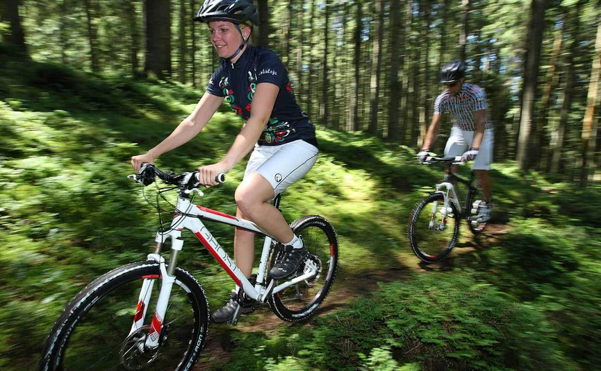 Zwei Personen fahren Mountainbike auf einem schmalen Waldweg