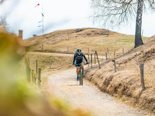 Mountainbiker auf einem kurvigen Weg im trockenen, hügeligen Gelände