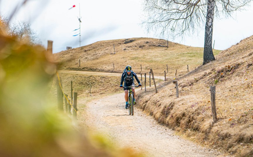 Mountain biker riding on a winding path in dry, hilly terrain