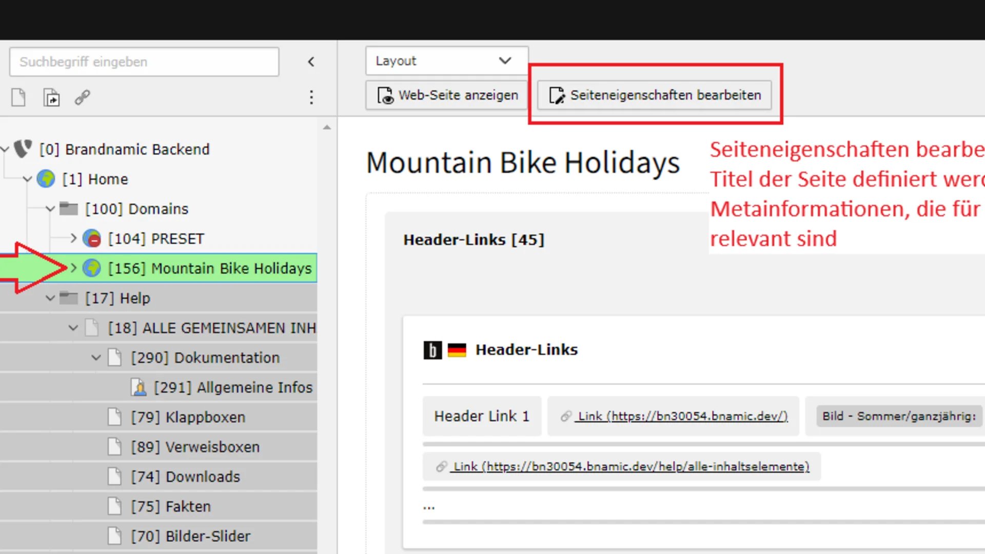 Backend-Seitenverwaltung mit markierter Seite und Seiteigenschaften-Button
