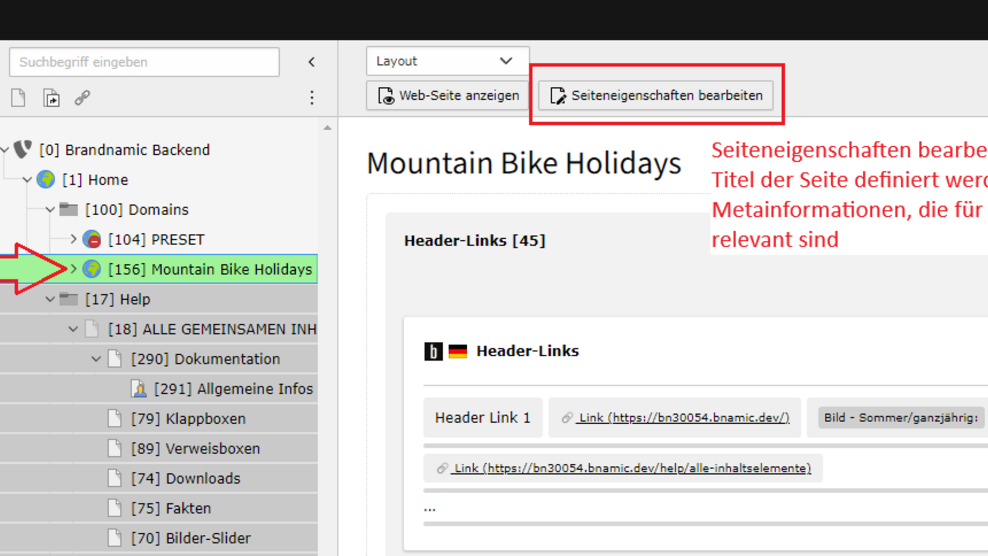 Allgemeine Infos zur Website Backend-Seitenverwaltung mit markierter Seite und Seiteigenschaften-Button